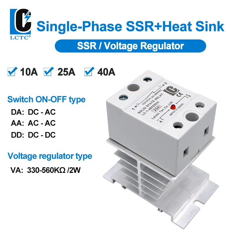 

10A 25A 40A DA AA DD VA Single Phase SSR for Switch On Off And Voltage Regulator for Regulat Solid State Relay With Heat Sink