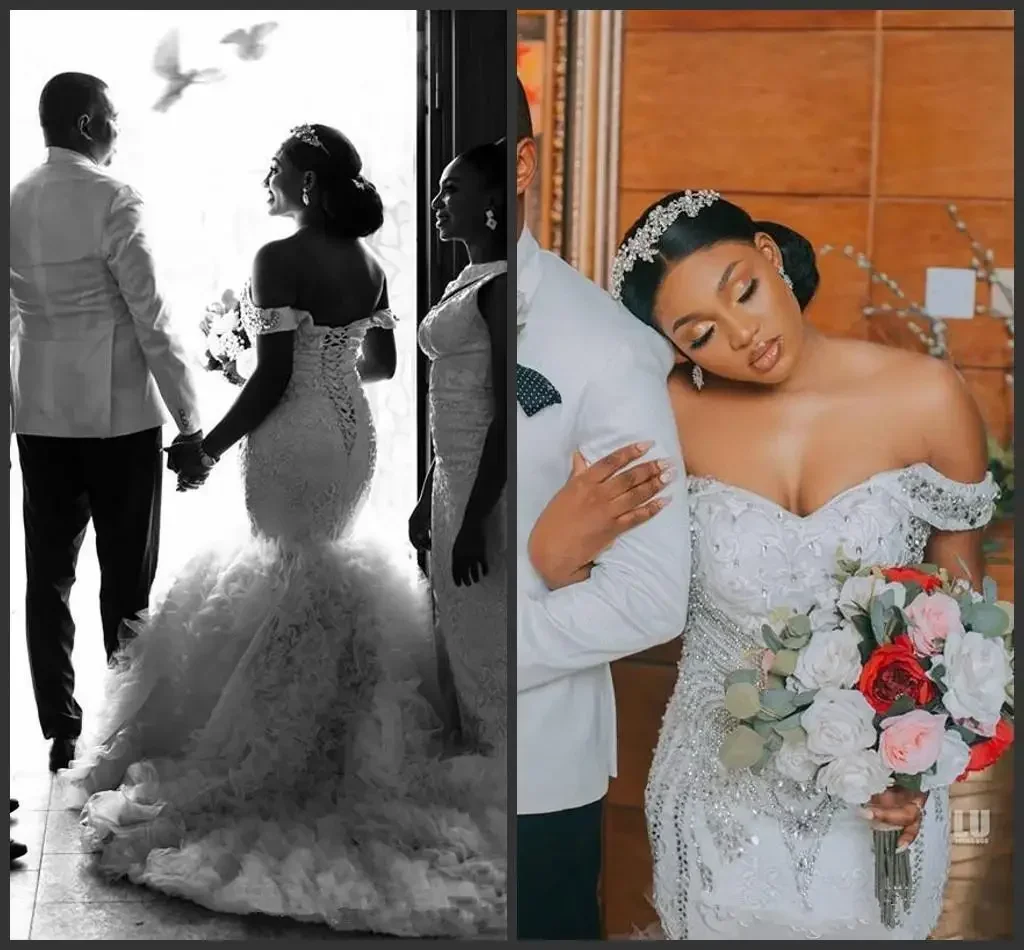 Maßgeschneiderte afrikanische schwarze Mädchen Meerjungfrau Kleider Plus Größe Kristall schulterfrei Vestidos De Novia Günstige Hochzeitskleid Hochzeitskleid