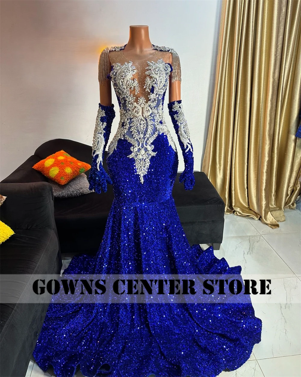 Sequin Royal Blue Luxury Prom Dresses Crystal Beading Tassles With Gloves Elegant Party Dress Mermaid Formal Gowns Customized