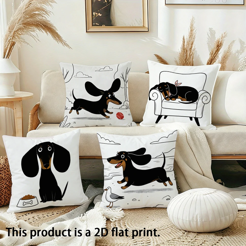 1pc Cute Dachshund Dog Throw Pillow Cover, Cartoon Pet Square Cushion Case for Home Sofa Bedroom Decor