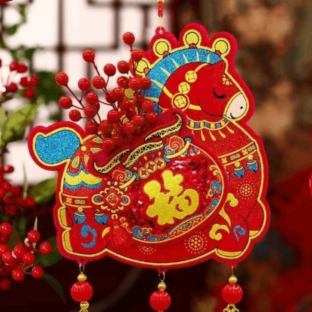 

Flocking Chinese Lucky Character Pendants Handmade Traditional Red Horse Hanging Ornament Good Fortune Blessing