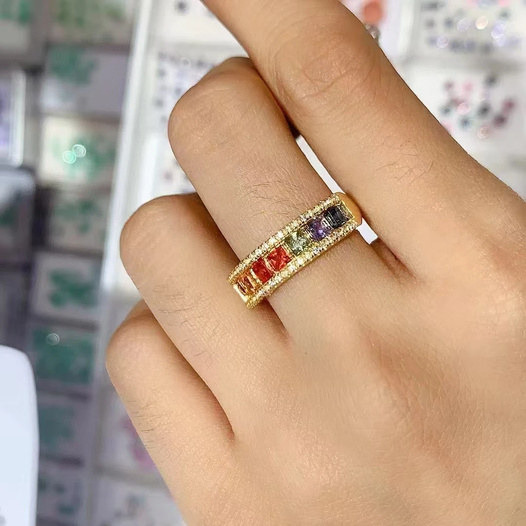 Anillo de zafiro multicolor para fiesta, 3mm x 3mm, Total de 1ct, anillo de plata de zafiro Natural con paleta de oro, joyería de piedras preciosas de plata 925