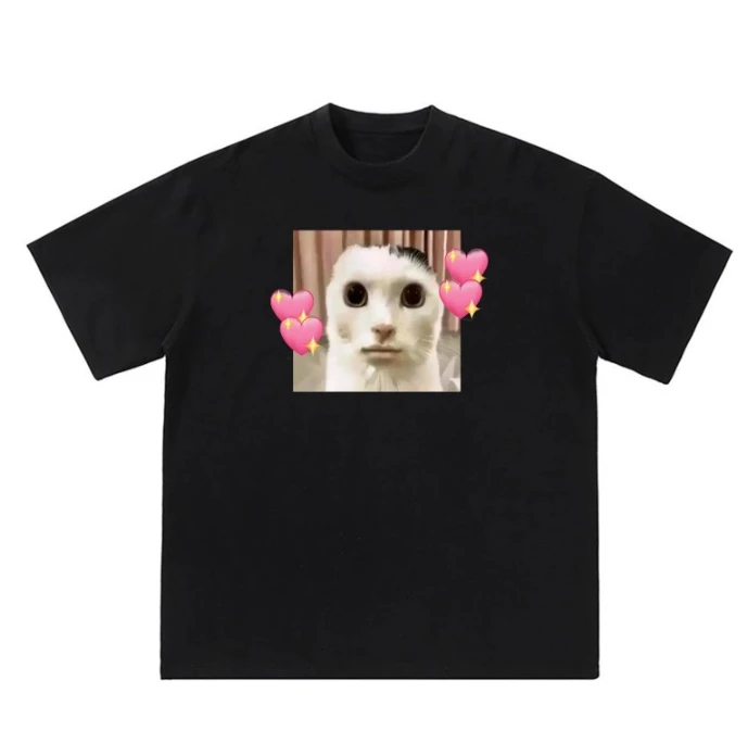 Funny Cat Meme Heart Eyes Short Sleeves T-Shirt Cute Aesthetic Sassy Cat Lover Trendy Casual Streetwear Graphic Tee Top Y2k Top