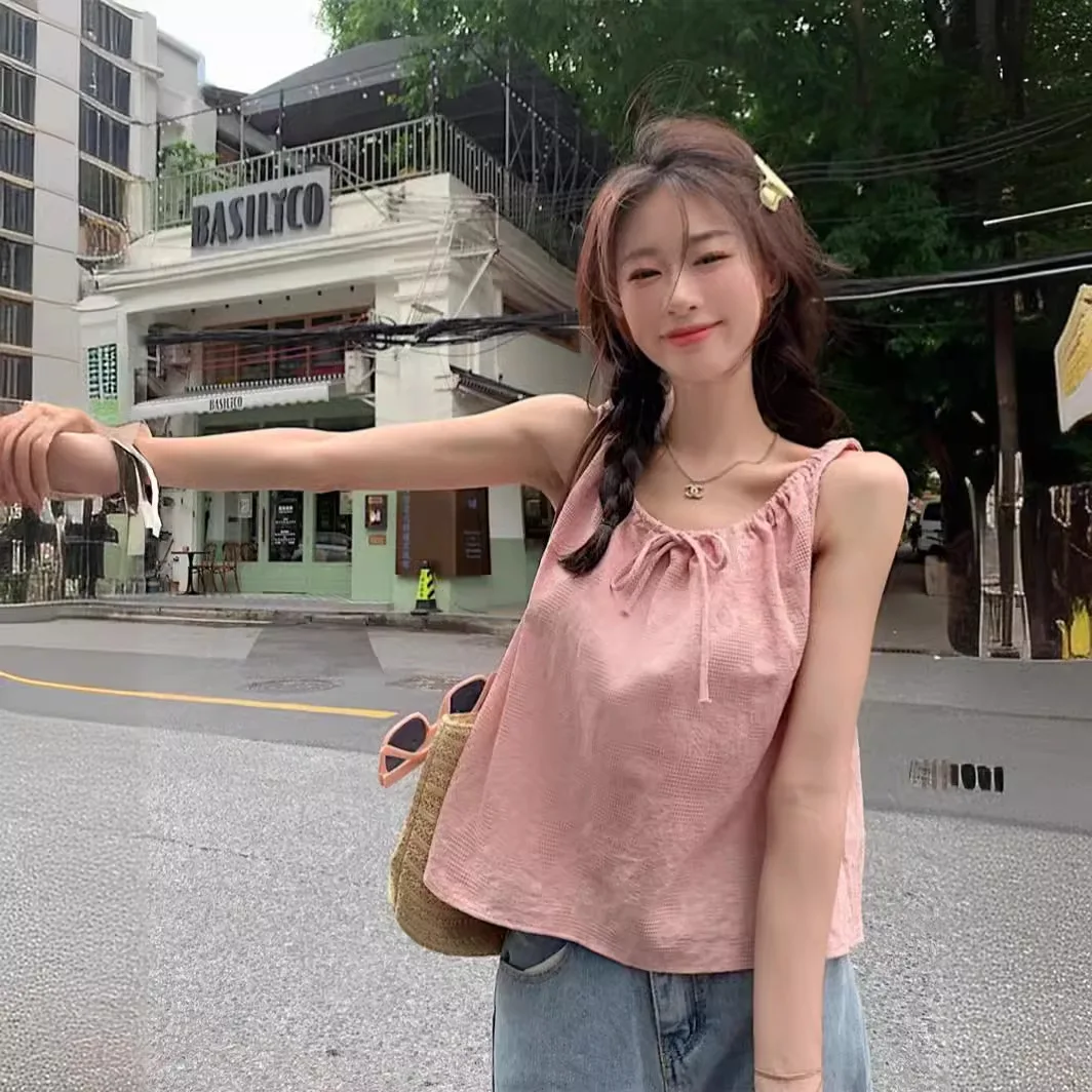 

2025 Summer New Design Sleeveless Vest With Feminine Temperament, Drawstring Round Neck Top