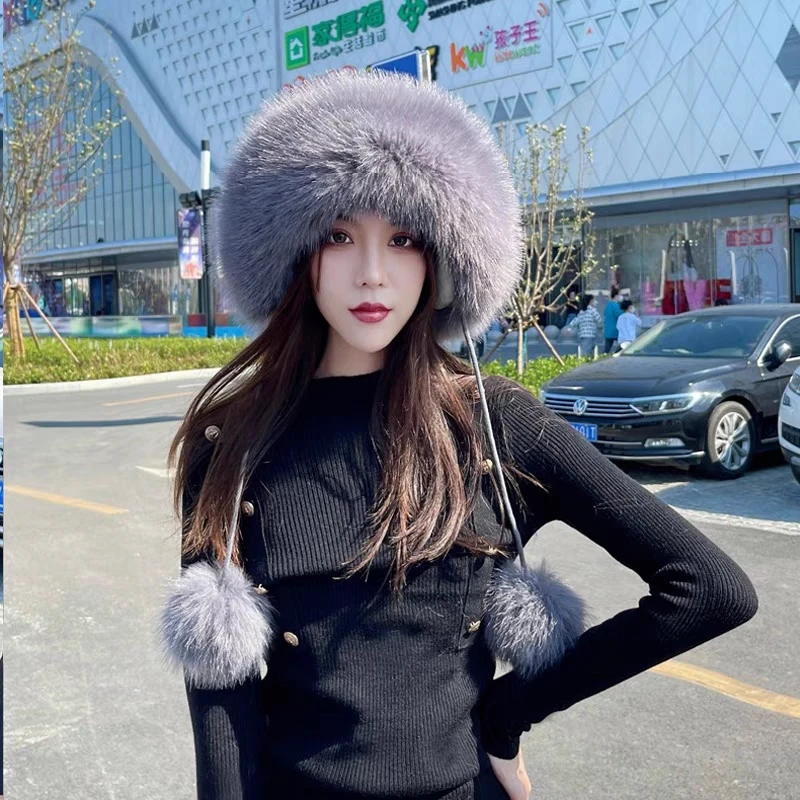 Faux Fur Hat Wool Hats   Winter Imitation Fox Fur Thermal Cap Women's Cute Thickening White Fluffy Ball  Wool Hats