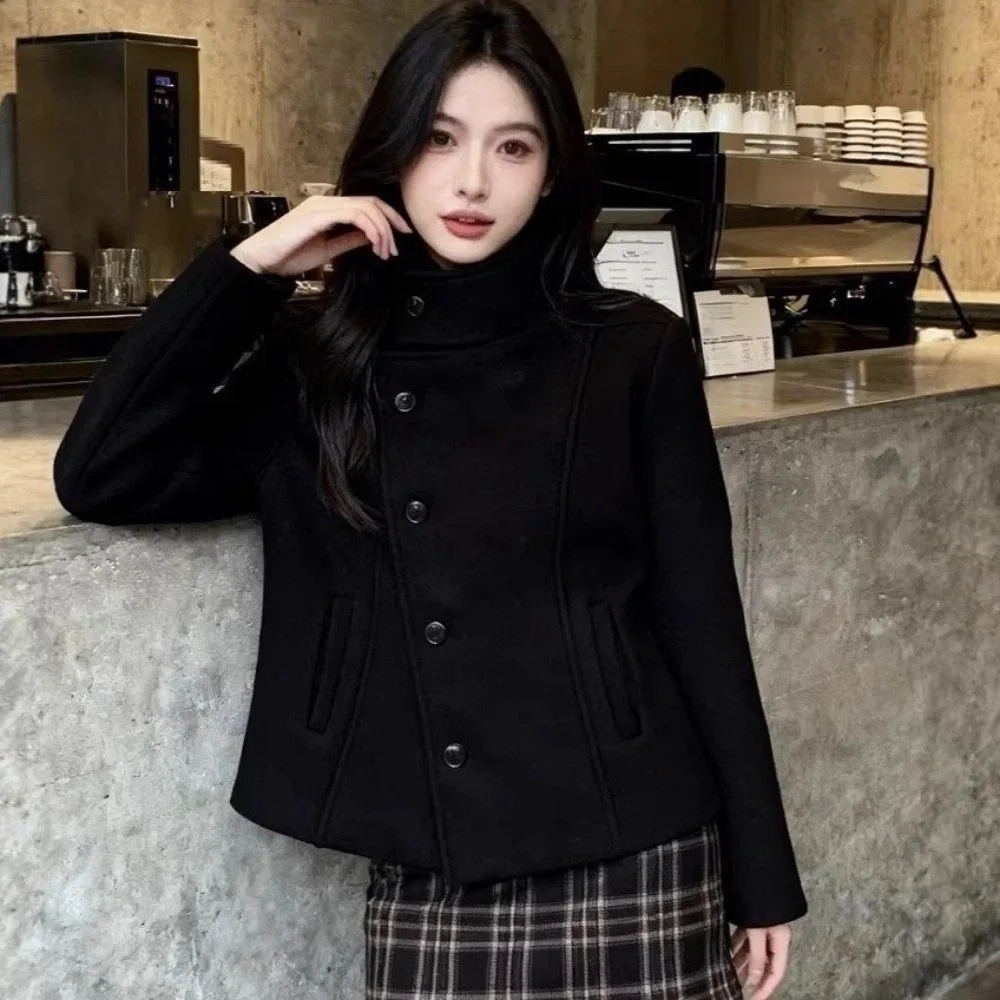 Hip-Hop Solid Color Thick Coat Stand Collar Asymmetrical Button Cardigan Coat Slim Fit Overcoat Casual Wear
