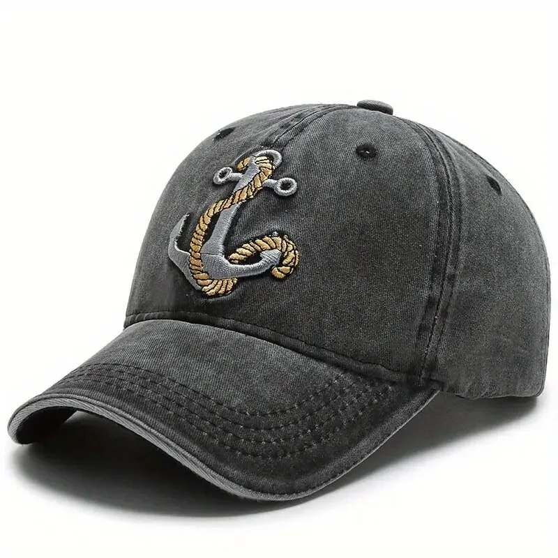 

Vintage Washed Baseball Cap with Anchor Embroidery Retro Peaked Cap UPF Sun Protection for Outdoor Travel Unisex Adjustable