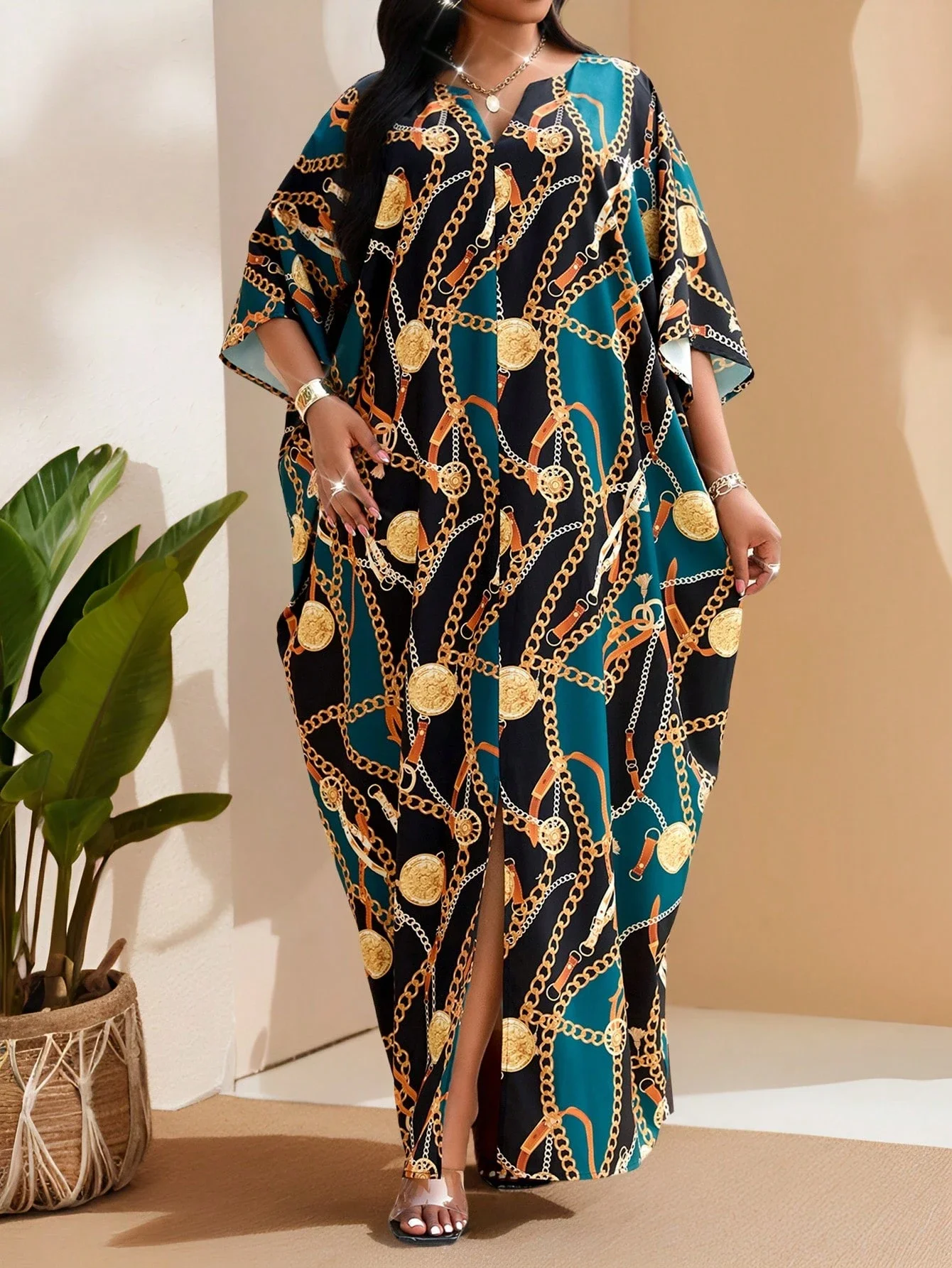 

Элегантное платье-кафтан с цепным принтом, женское свободное платье макси с коротким рукавом, наряд для отпуска и вечеринок