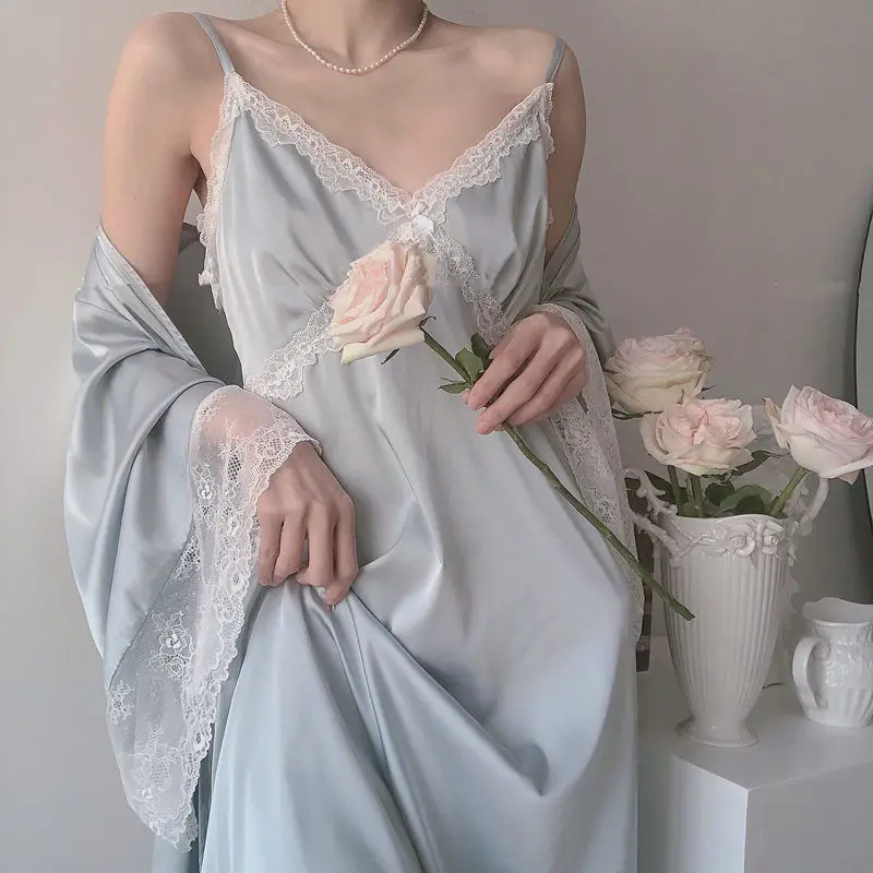 

Women's Pajamas Sexy Blue French Style Nightgown Sexy Sling Nightdress Homewear Lace Silk Nightgown Women Nighty Dress