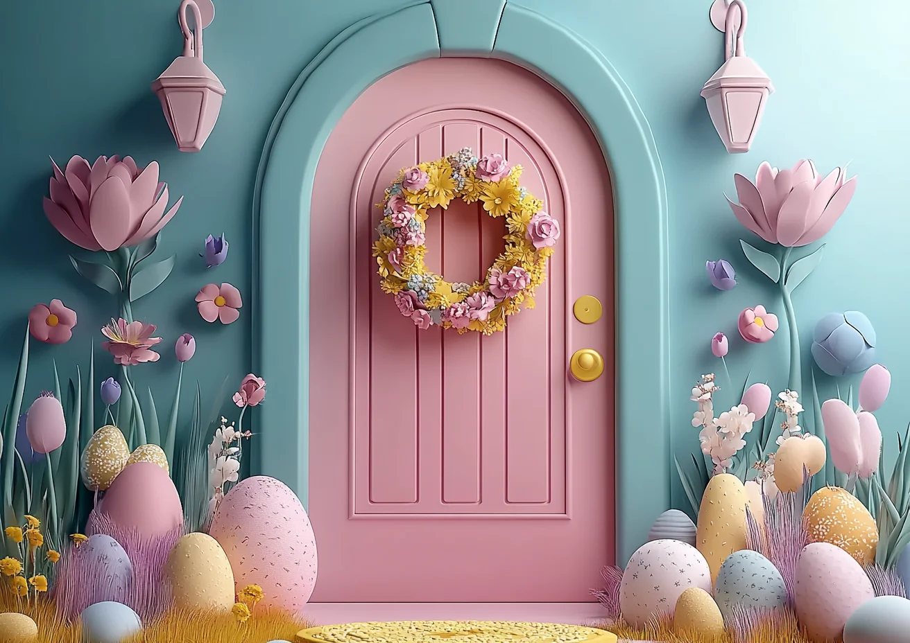 Mocsicka Easter Photography Background Spring Flowers Grass Door Pattern Wallpaper Party Supplies Birthday Decors Photo Backdrop