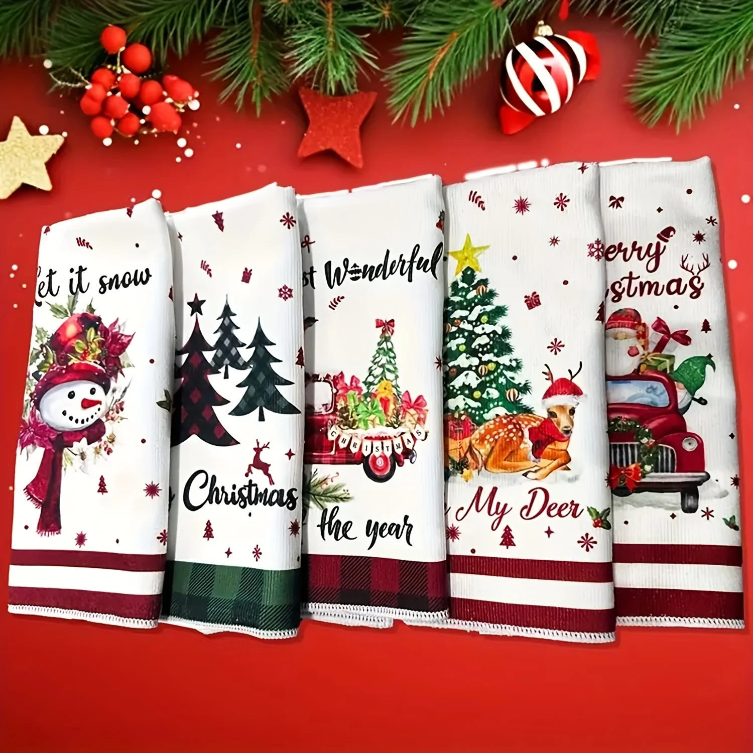 5pcs Christmas Kitchen Towel Set - Super Absorbent Microfiber Holiday Dish Cloths with Red & Green Plaid,Snowmen,Gingerbread Men