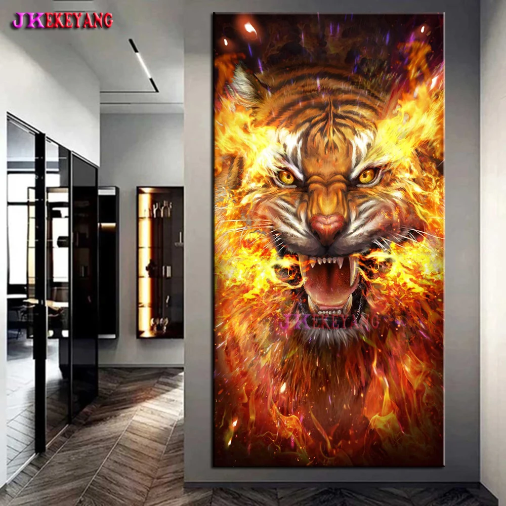 Full Drill 5D DIY Diamond Painting Fire Tiger and Fire Lion Diamond Embroidery Cross Stitch Needleworks Home Decor Y5172