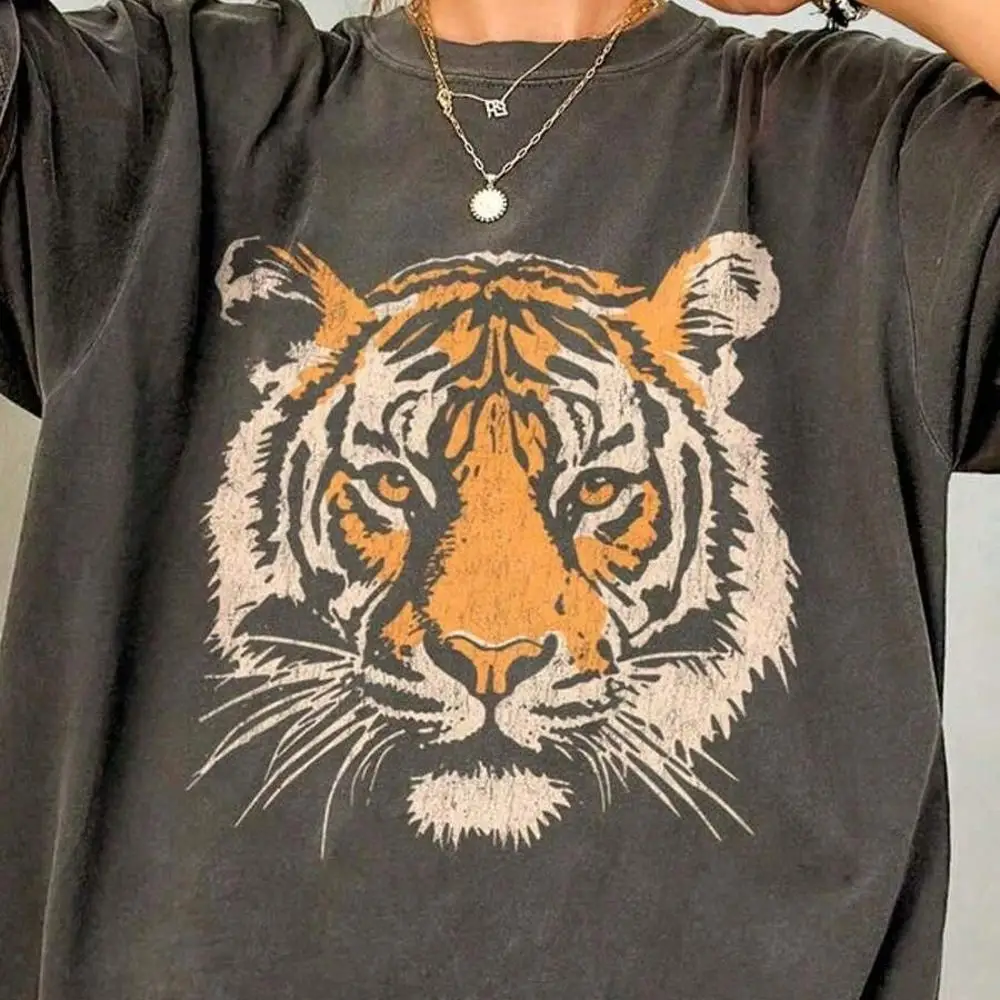 2026 Summer TopsWomen s Vintage Tiger Face Print Washed T-Shirt - Oversized Relaxed Fit Short Sleeve Round Neck Casual Summer Beachwear, Soft Bre