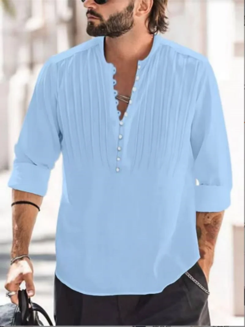 Camisa de manga larga ajustada informal plegable de algodón de Color sólido de alta calidad con cuello redondo y vendaje para hombre 2024