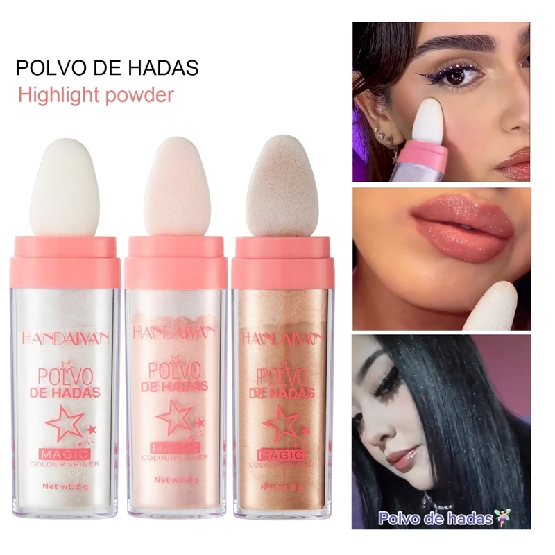 3 kolory Polvo De Hadas wyróżnienia Powder Pat Glitter Fairy Shimmer Blusher moda różowy proszek makijaż na twarz oczy ciało 9g