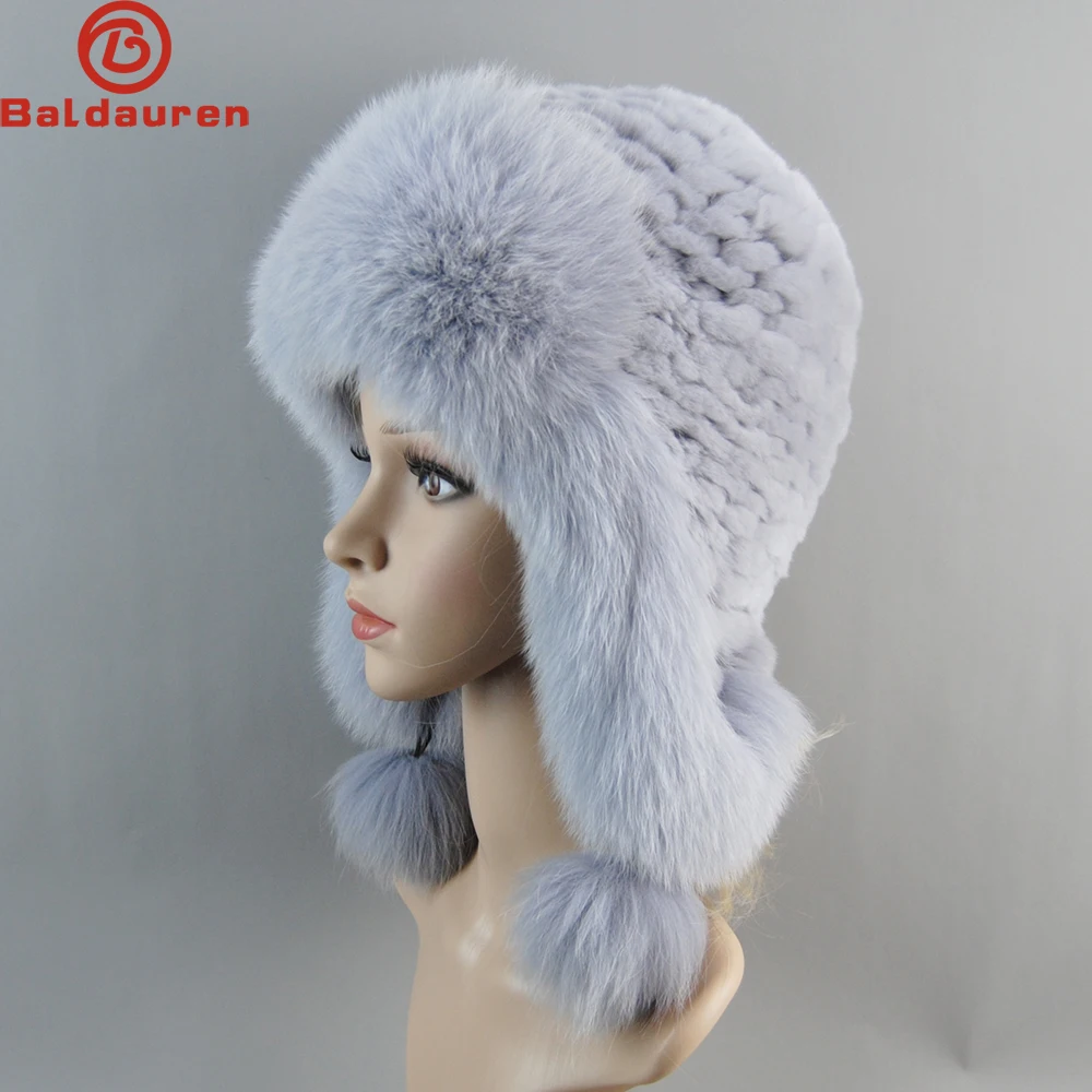 Winter Hats for Women Real Rex Rabbit Fur Elastic Knitted Cap with Fox Fur Fall Bonnets Women's Beanies Hat with Ear Protector