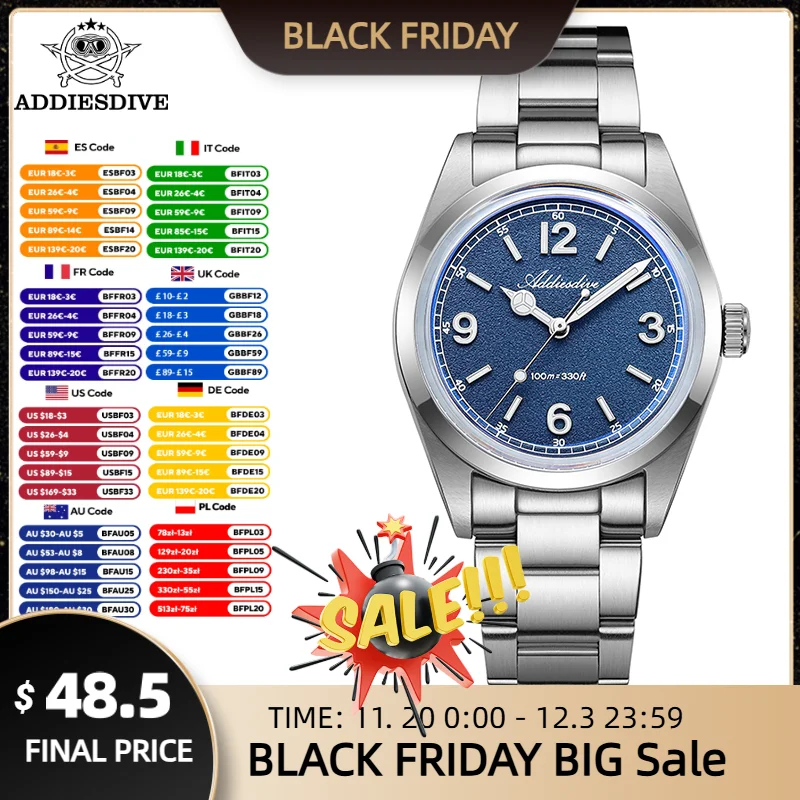 

ADDIESDIVE Мужские часы VH31 Bubble Glass AR с покрытием 36 мм Элегантные роскошные наручные часы BGW9/C3 Светящиеся водонепроницаемые кварцевые часы с 10 барми