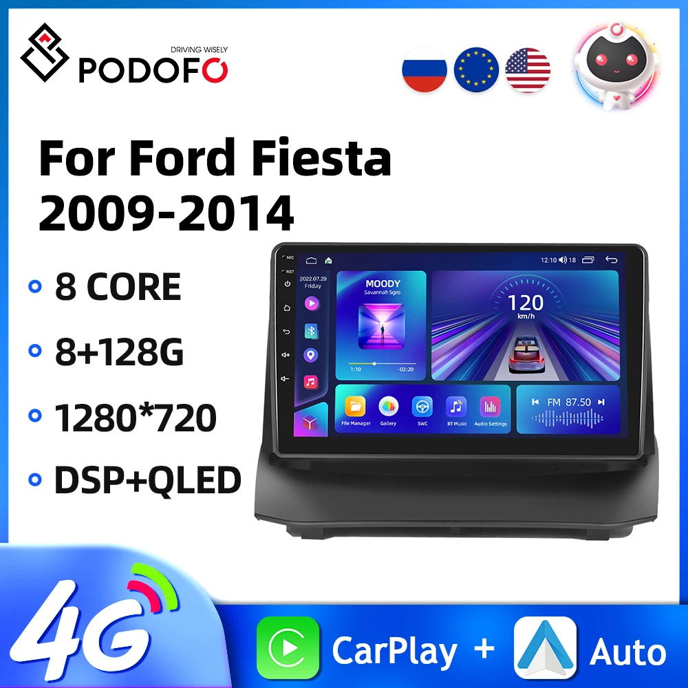 Podofo Android 2din Car Radio For Ford Fiesta 2009-2014 Multimedia Video Player Navigation GPS 4G WIFI Carplay 8Core Autoradio