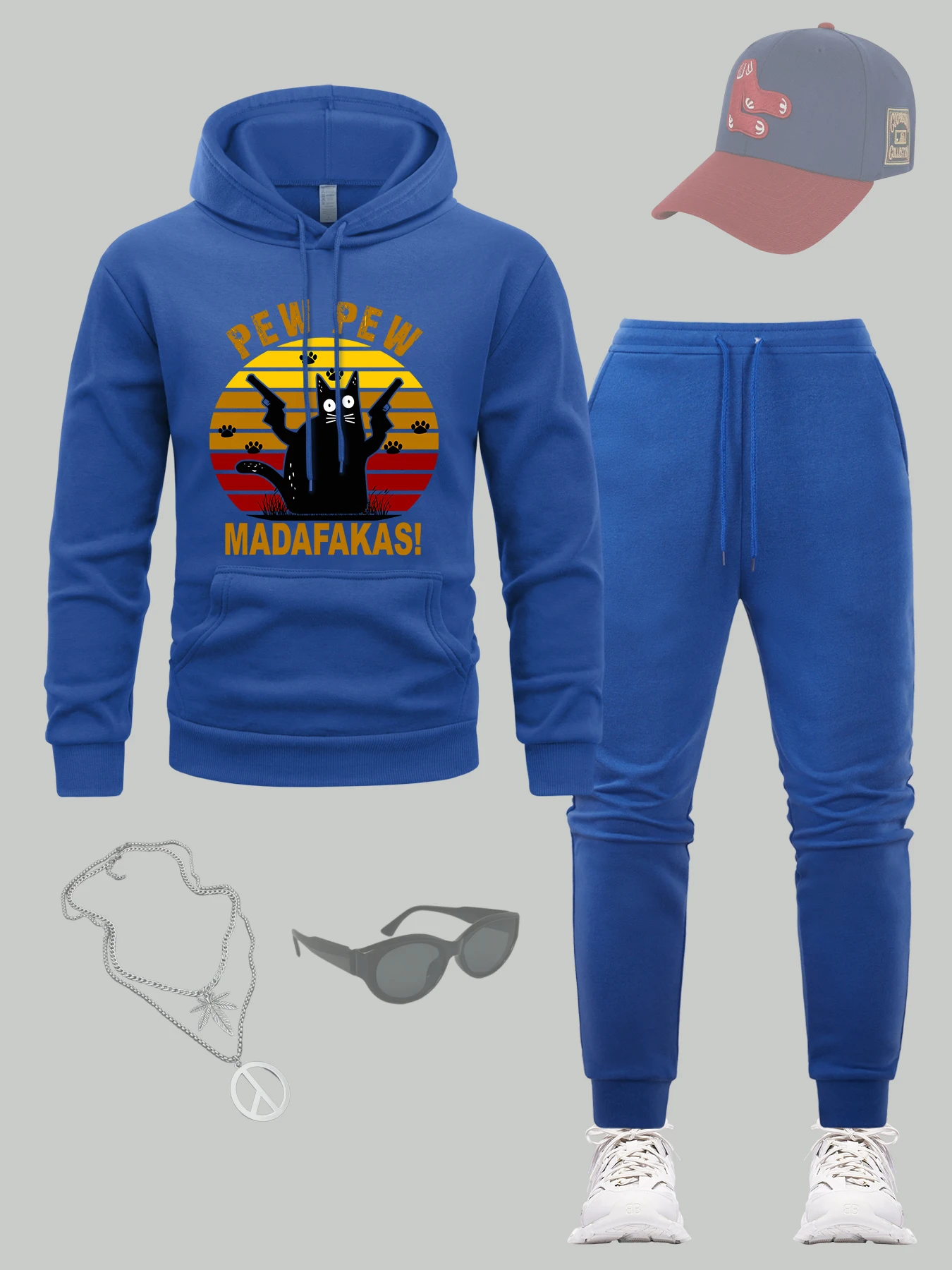 

Madafakas Double Gun Cat Printing Мужской комплект с капюшоном Повседневная свободная спортивная одежда Костюм Спортивные брюки в стиле хип-хоп Универсальные флисовые спортивные штаны