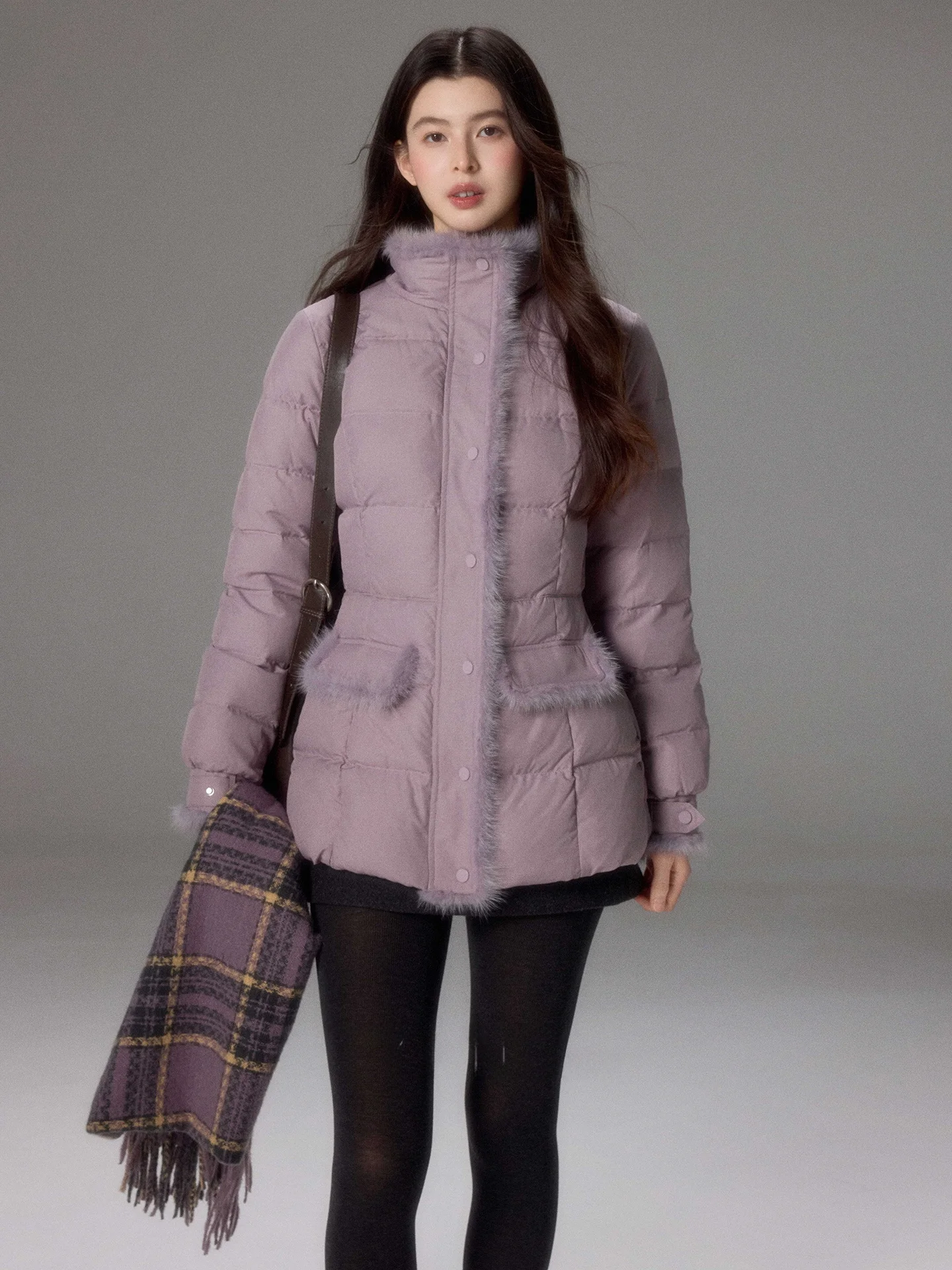 

Ele Purple Splice Mink Fur Slim Fit Stand Collar down Jaet Warm Outerwear by Er Yang Design Ladies Faion Retro Sle