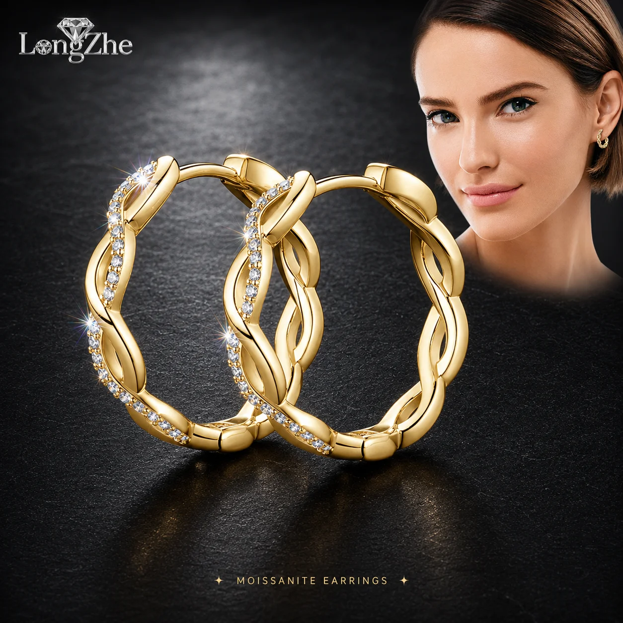 LongZhe S925 Silver Moissanite Twisted Hoop Earrings 0.11CT+0.11CT 1mm D Color GRA Diamond Tester Passed Gift