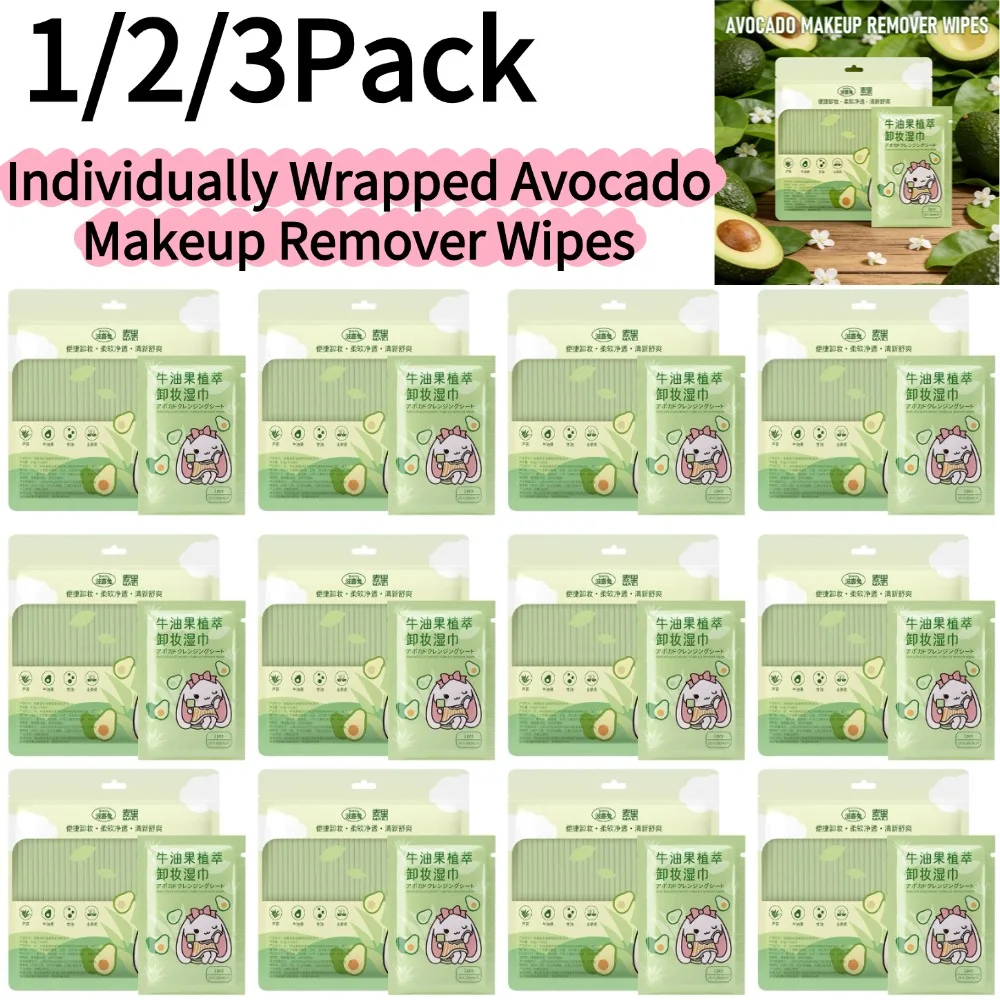 1/2/3Pack Travel Size Avocado Facial Cleansing Wipes Infused with Natural Avocado & Aloe for Soothing Care, Powerful Yet Gentle