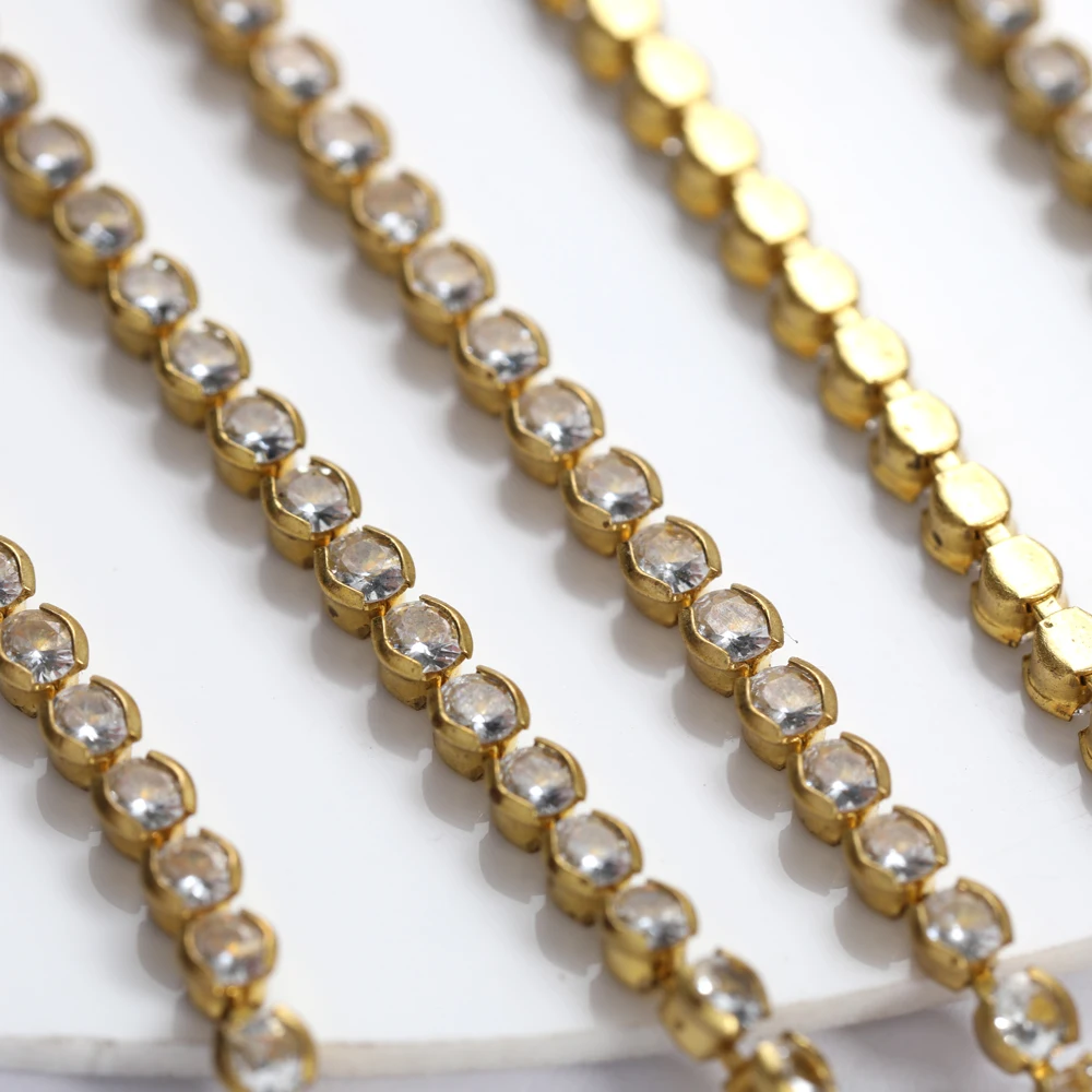 1 Yard 2.5mm 3mm Golden Base Round Zirconia Cup Chains Jewelry Making Supplies Parts Zircon Chains Shoes Decoration