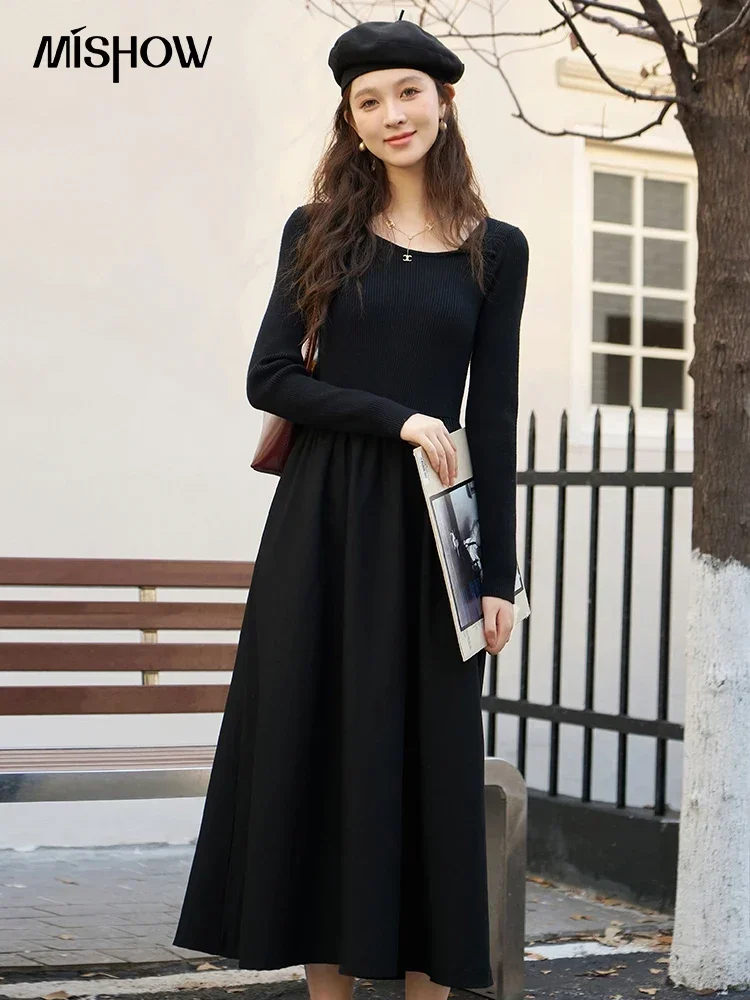 

MISHOW Black Knitted Dress for Women 2023 Autumn Winter Korean Long Sleeve Elegant Vintage Midi Dresses Office Lady MXC52L1628