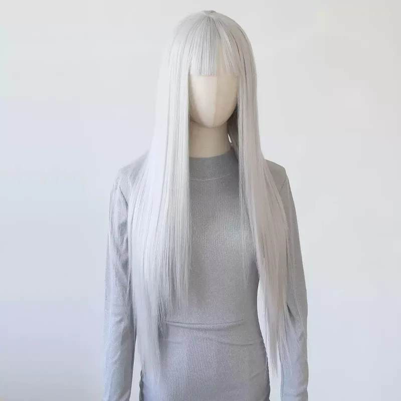Silver Lace Front Wig with Bangs, High‑Temperature Fiber Synthetic Silvery‑White Long Straight Full Wig for Cosplay
