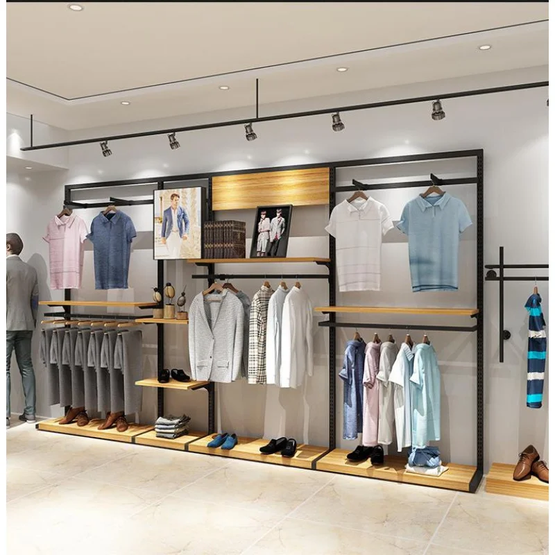 

Custom. TOP Регулируемая по высоте витрина из нержавеющей стали, деревянная розничная подставка, магазин детской одежды, мужская одежда