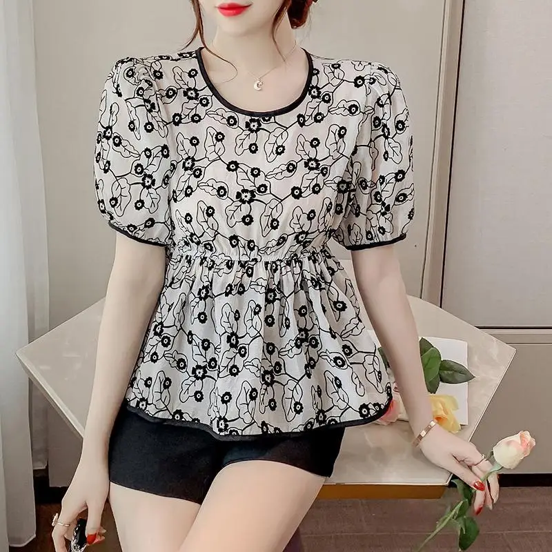 Women\'s 2024 Summer New Pullover O-Neck Patchwork Printing Folds Fashion Comfortable All-match Short Sleeve Blouses Shirts