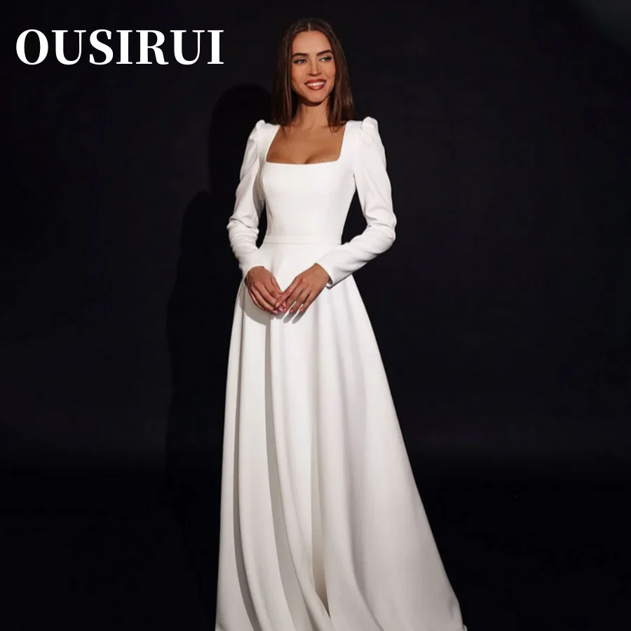 

Elegant Long Puff Sleeve Floor Length Satin Bridal A Line Wedding Dress Square Coallar Gown Simple Robe De Mariee Custom Made