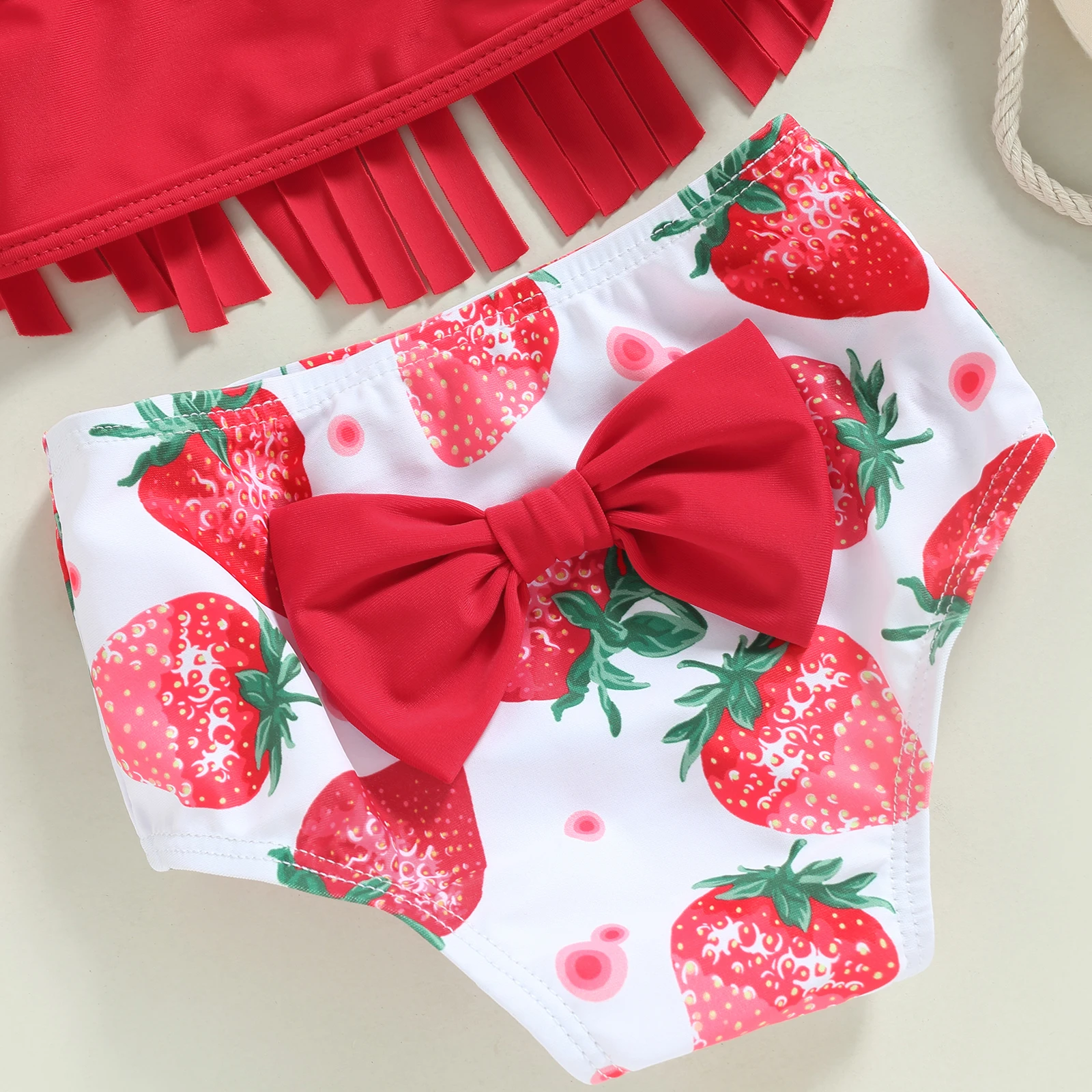 Toddler Girls 3 Piece Swimsuits Solid Color Tassel Tops Strawberry/Flower Print Shorts Headband Split Bathing Suit Swimwear Set