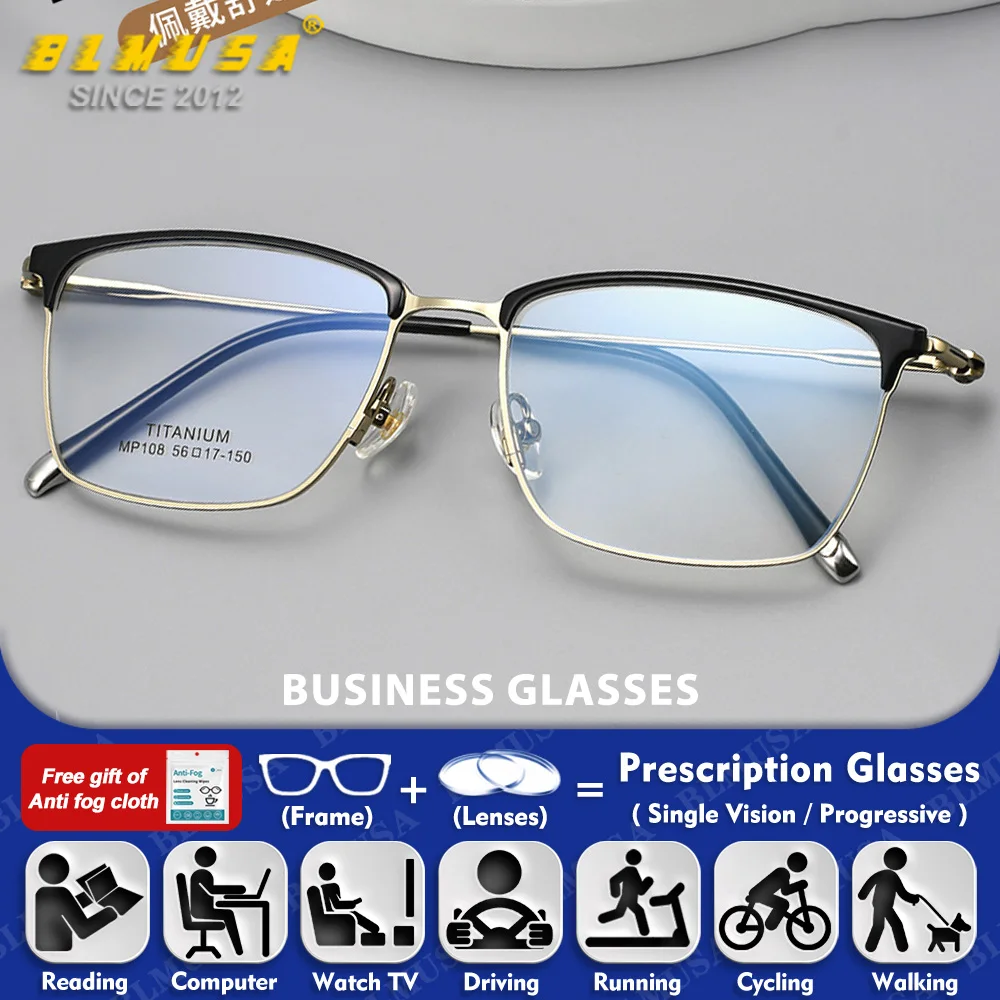

BLMUSA (L) Men Business Trendy Titanium Frame Myopia Prescription Photochromic Glasses Anti Blue Ray Progressive Reading Eyeware