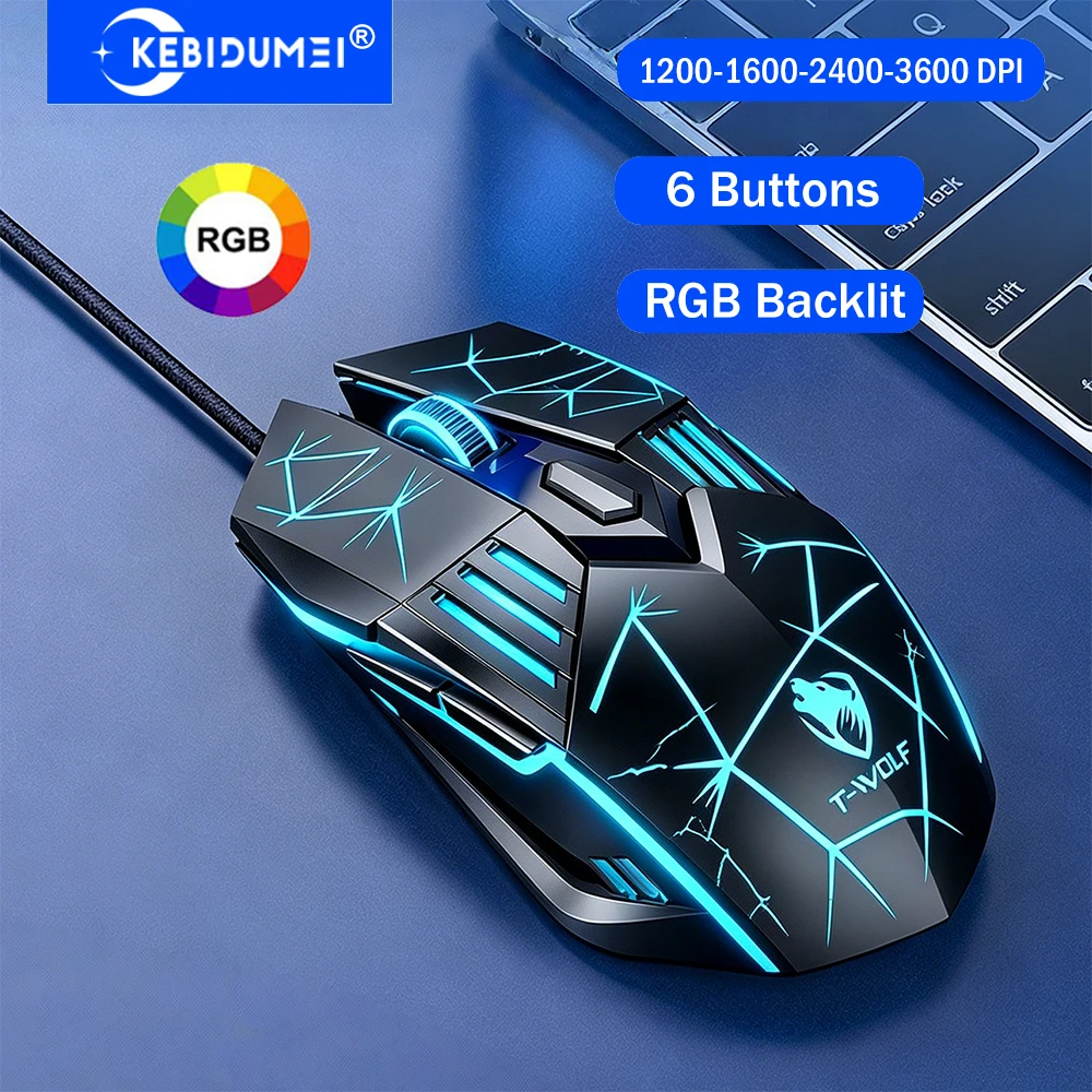 KEBIDUMEI Mouse para jogos com fio RGB, 6 botões, 3600 DPI, 4 níveis ajustáveis, mouse ergonômico USB, mouse óptico para Mac, laptop, Windows