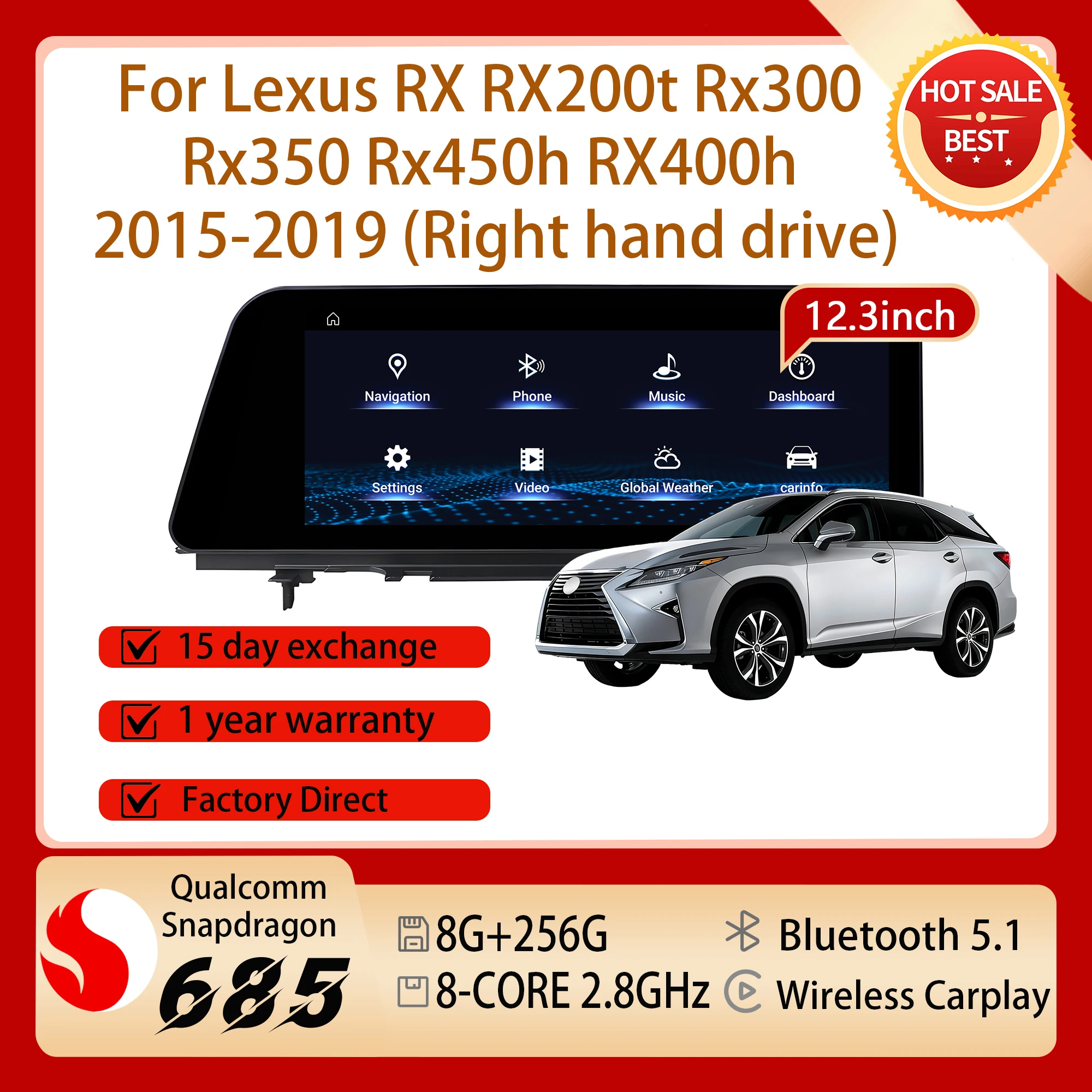12.3inch Right Hand Drive For Lexus RX RX200t Rx300 Rx350 Rx450h RX400h 2015-2019 Android 14 Snapdragon 685 Radio Screen Carplay