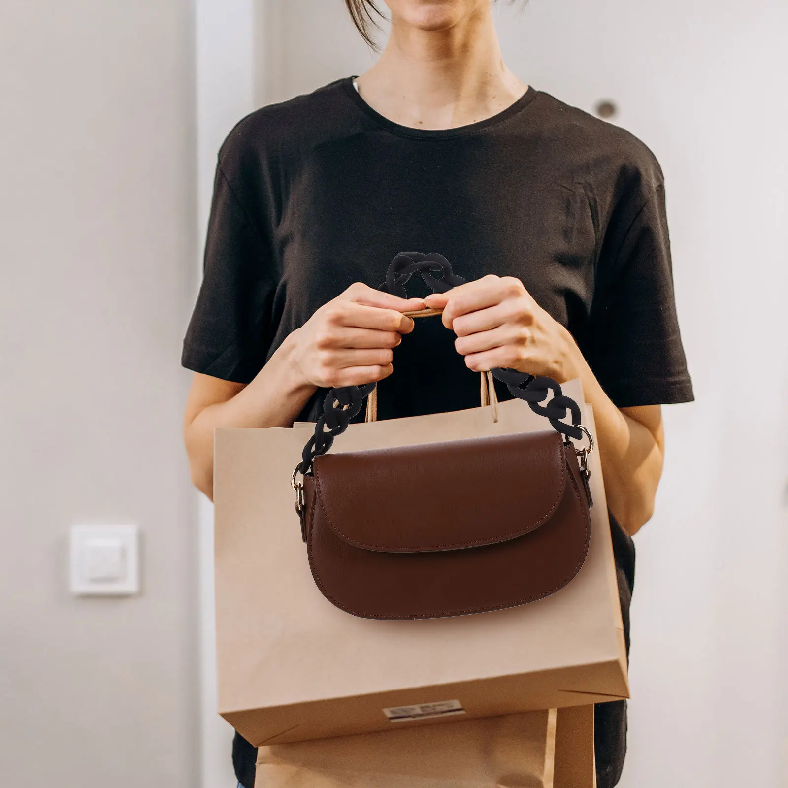 Resin Chunky Strap Black Plastic Link Handle Lightweight Stylish Fashionable Unique Long Time Use Practical Portable Bag