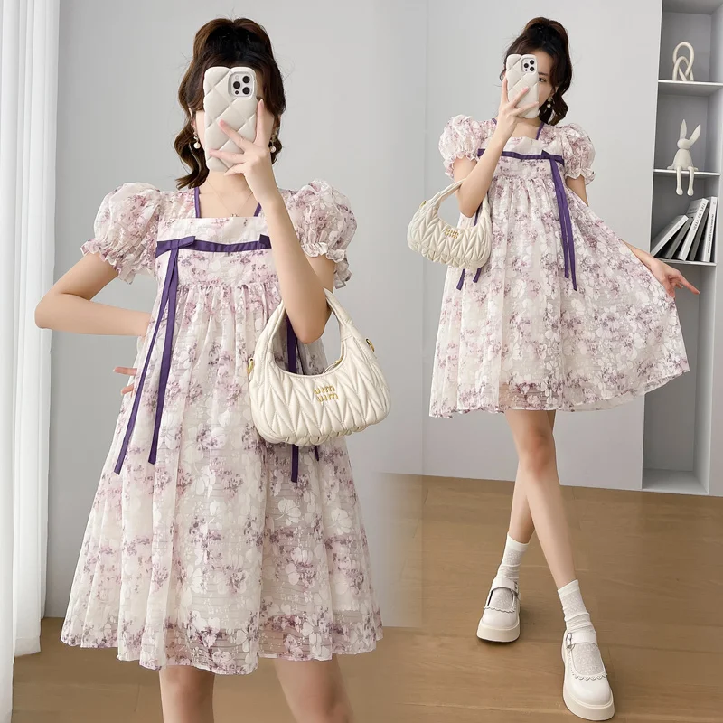 Plus Size Maternity Lace Dress Summer Short Flare Sleeve Square Collar Long Loose Pregnant Woman Dress Chinese Style Cheongsam