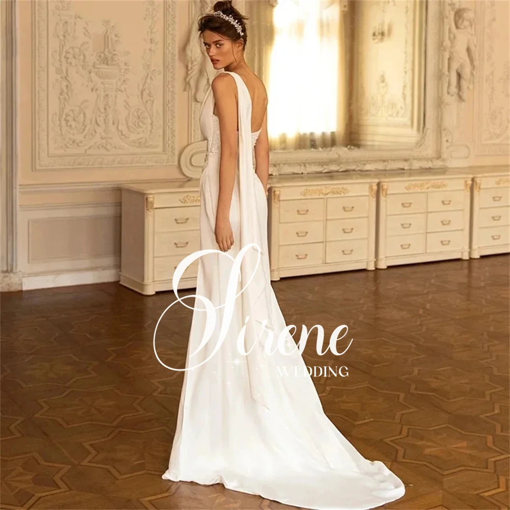 Customized Sexy High Side Slit Satin Wedding Dresses Square Sequins One Shoulder Pleats Bridal Gowns Backless 2025