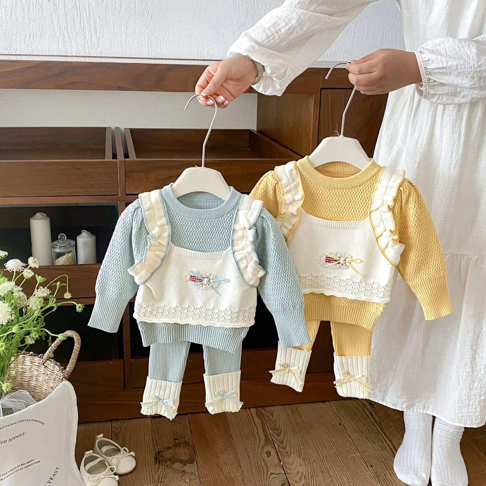 2026 Autumn New Baby Girl Long Sleeve Clothes Set Girls Sweet Bow Knitted Sweater + Leggings 2pcs Suit Toddler Outfits