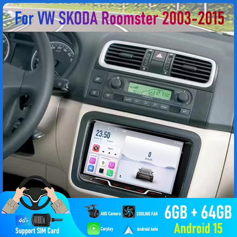 9'' For VW SKODA Roomster 2003-2015 Car Radio 4G SIM Android 15 Auto GPS Steering Wheel Control Head Unit 2DIN Google Map FM BT