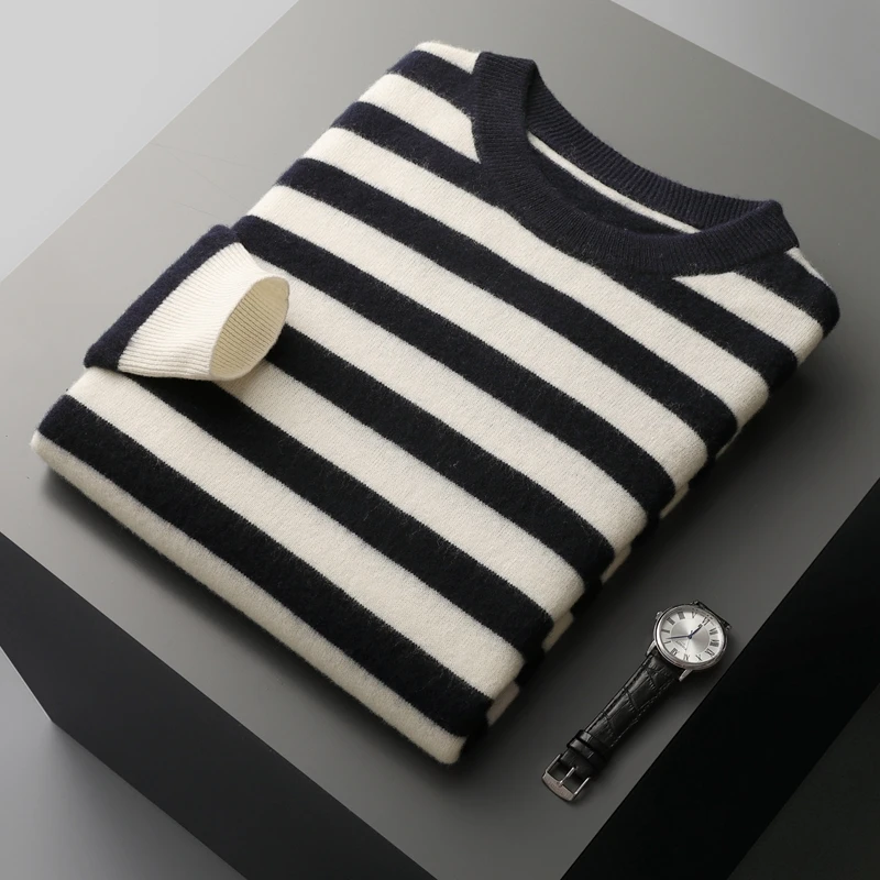 2023 autumn and winter new men\'s cashmere sweater 100% pure wool classic striped round neck loose pullover bottoming sweater