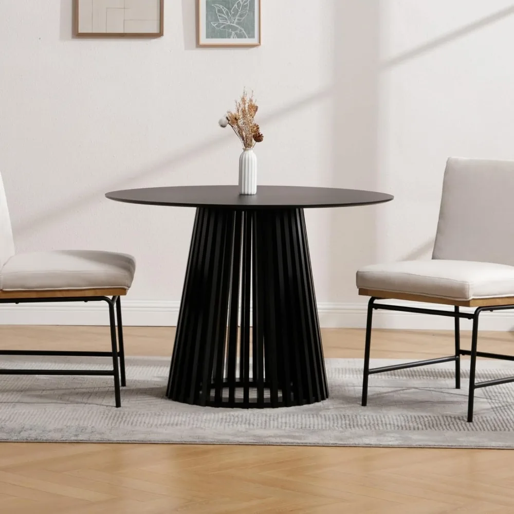 

Solid Wood Round Dining Table, Mid Century Modern Black Kitchen Table with Wood Strip Pedestal Base 43.25" Wide Small Circle Di