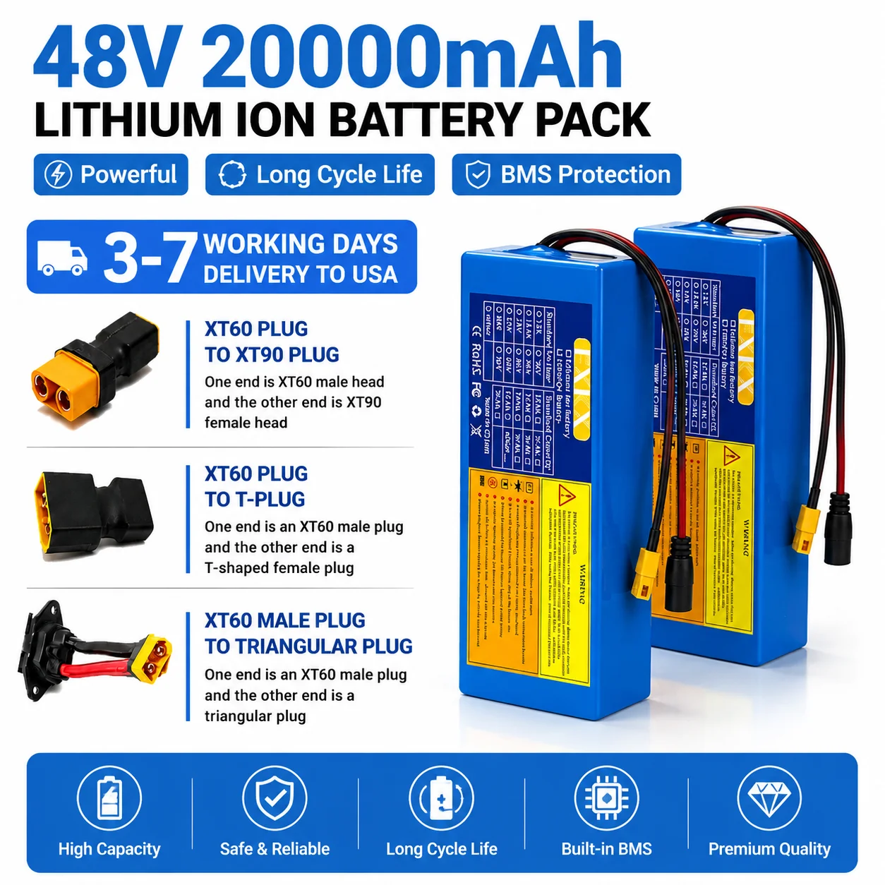 48V 20Ah 18650 Lithium Battery High Performance with Intelligent BMS Built-in for 100-1200W Motors 13S 5P Configuration