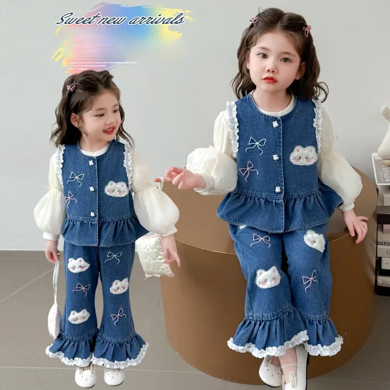 Girls Sweet Lace Denim Clothing Set Fashion Children Denim Vest Top +Base Shirt + Lace-denim Wide-leg Pants Three-piece Set