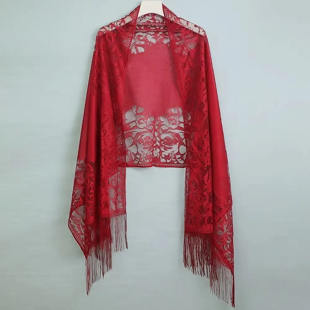 

Vintage Elegant Women's Shawls Hollow Floral Tassel Scarf Embroidery Thin Fringes Wraps Party Dinner