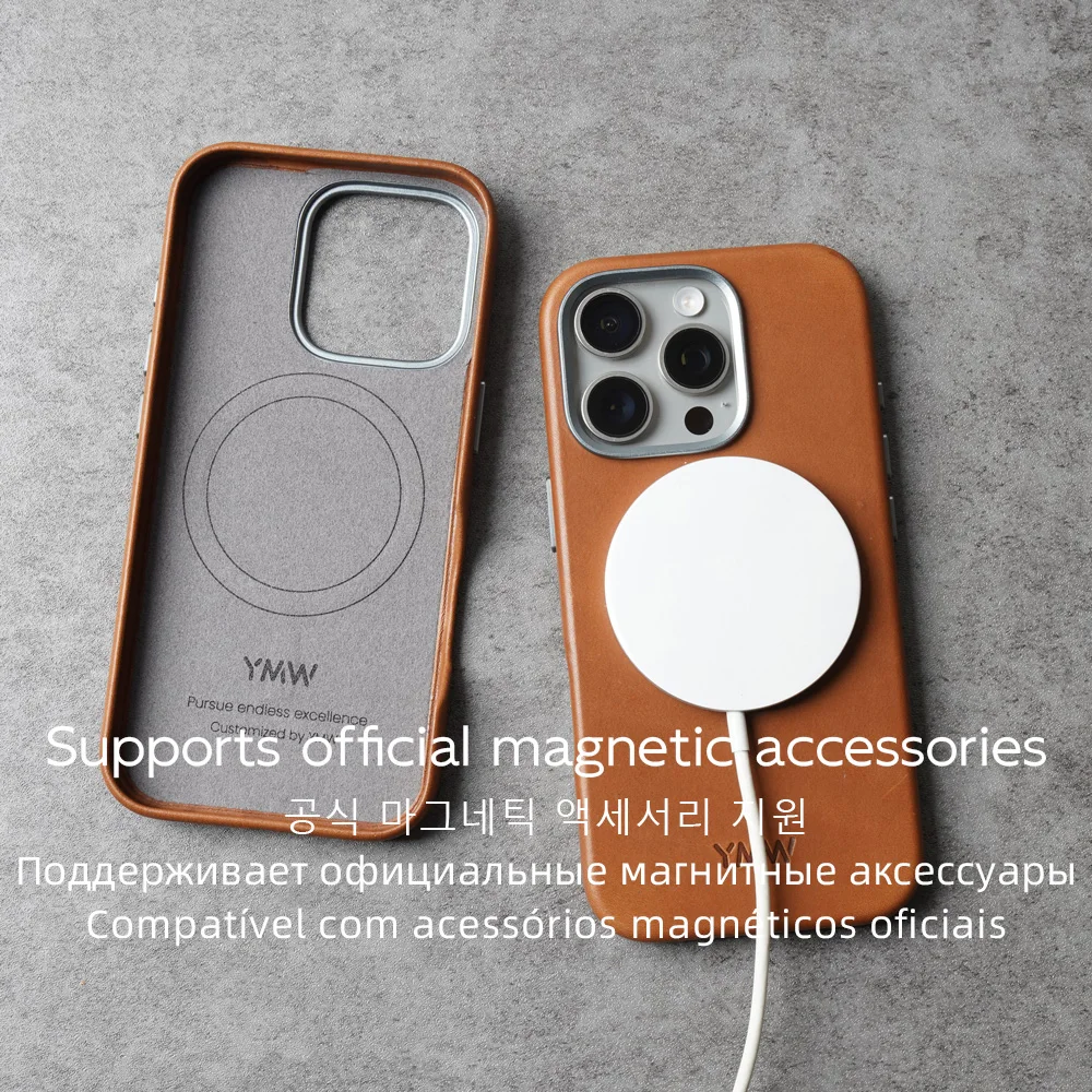 YMW HAAS Barenia Handmade Genuine Leather Case for iPhone 15 16 Pro Max Luxury Business Vegetable Tanned Cowhide Phone Cover