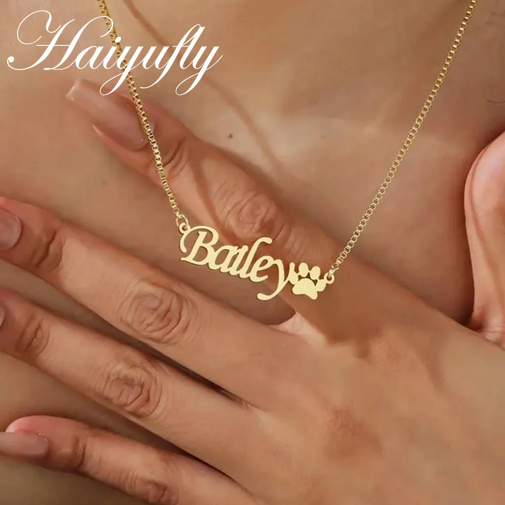 Haiyufly Custom Name Dog Paw Necklace for Women Stainless Steel Jewelry Personalized Memorial Items Choker Chain Birthday Gift