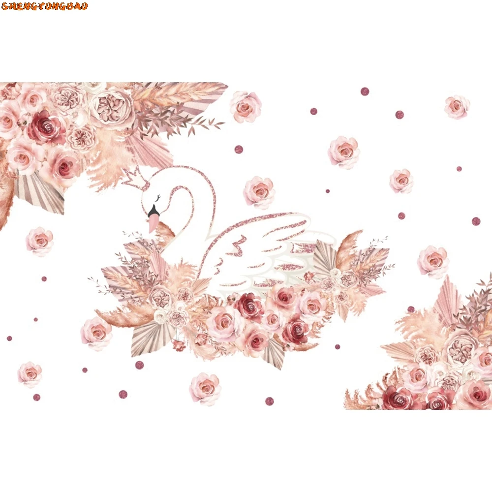 Pink Swan Happy Birthday Backdrop Princess Crown Flower Floral Baby Shower Party Photography Background Decor Photo Studio Props