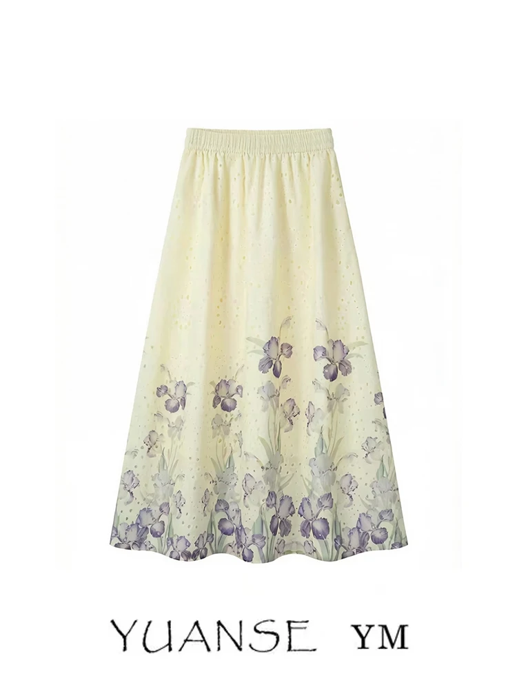 

Elegant Hollow out Iris Print Half Skirt Women's Summer Gentle High Waist Slim A-Line Skirt Feminine Chic Student Friendly